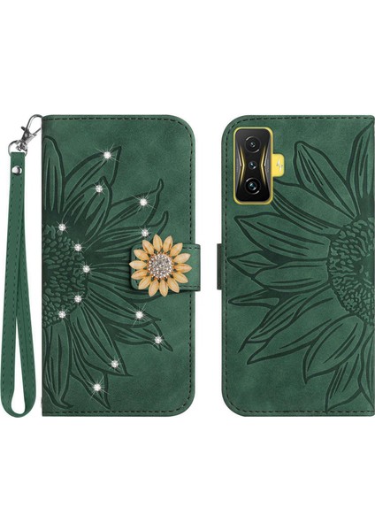 Xiaomi Poco F4 Gt Pırlantalı Kabartmalı Ayçiçeği Kısa Askılı Manyetik Kartlıklı Cüzdan Telefon Kılıfı (Yurt Dışından)