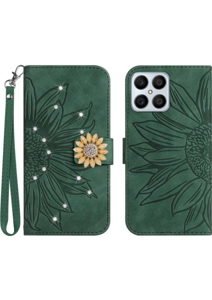 Honor X8 4g Pırlantalı Kabartmalı Ayçiçeği Kısa Askılı Manyetik Kartlıklı Cüzdan Telefon Kılıfı (Yurt Dışından)