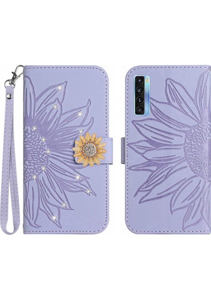 Tcl 20 Pro 5g Pırlantalı Kabartmalı Ayçiçeği Kısa Askılı Manyetik Kartlıklı Cüzdan Telefon Kılıfı (Yurt Dışından)