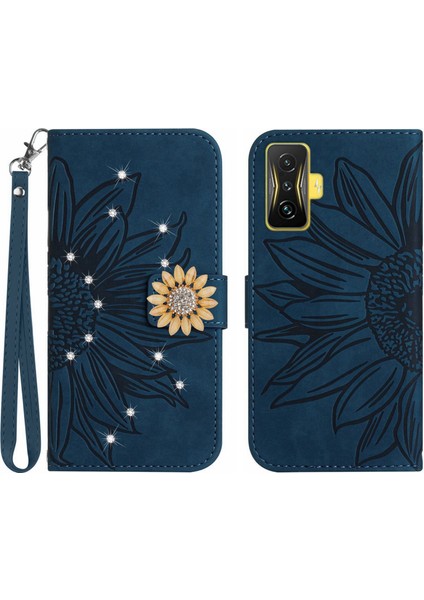Xiaomi Poco F4 Gt Pırlantalı Kabartmalı Ayçiçeği Kısa Askılı Manyetik Kartlıklı Cüzdan Telefon Kılıfı (Yurt Dışından)