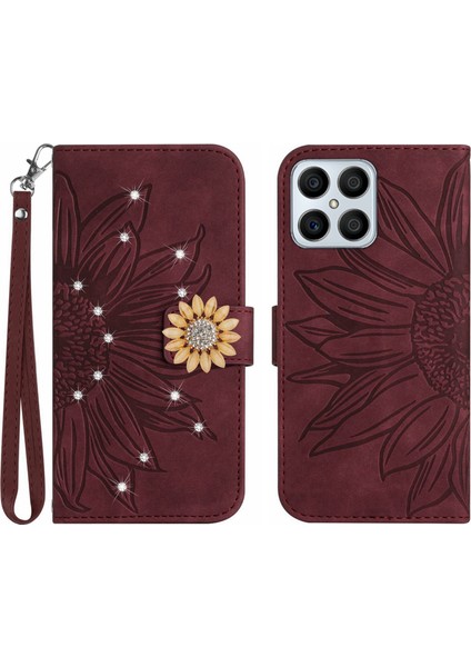 Honor X8 4g Pırlantalı Kabartmalı Ayçiçeği Kısa Askılı Manyetik Kartlıklı Cüzdan Telefon Kılıfı (Yurt Dışından)