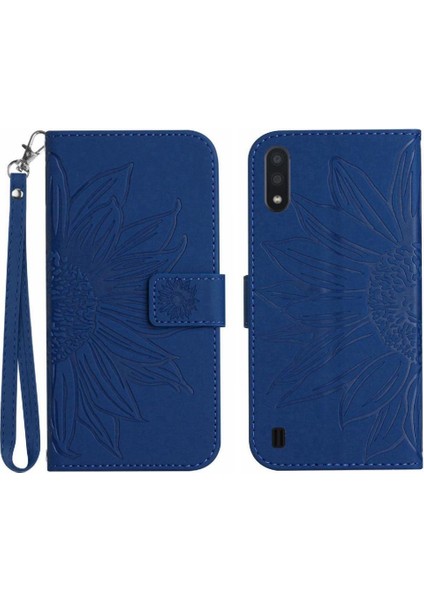 Samsung Galaxy A01 Kabartmalı Ayçiçeği Kısa Kayış ile Lüks Pu (Yurt Dışından)