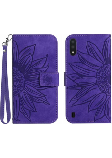Samsung Galaxy A01 Kabartmalı Ayçiçeği Kısa Kayış ile Lüks Pu (Yurt Dışından)