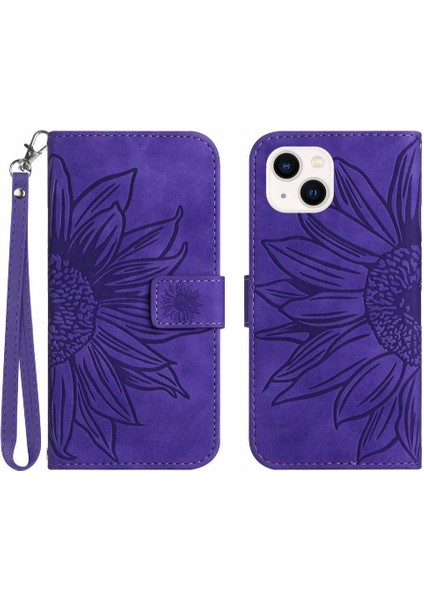 Iphone 13 Için Kılıf Lüks Pu Deri Kabartmalı Ayçiçeği Kısa Kayış ile (Yurt Dışından)