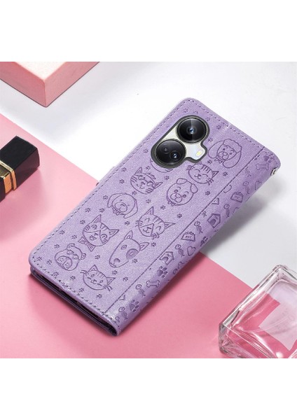 Realme 10 Proplus Karikatür Hayvanlar Için Kılıf Kısa Kayış Deri Kılıf Flip (Yurt Dışından)