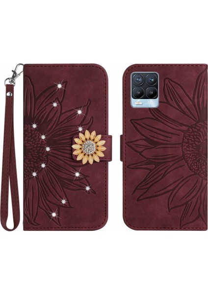 Realme 8 4g/8 Pro Pırlantalı Kabartmalı Ayçiçeği Kısa Askılı Manyetik Kartlıklı Cüzdan Telefon Kılıfı (Yurt Dışından)