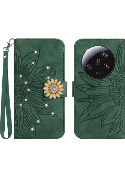 Xiaomi 13 Ultra Pırlantalı Kabartmalı Ayçiçeği Kısa Askılı Manyetik Kartlıklı Cüzdan Telefon Kılıfı (Yurt Dışından)