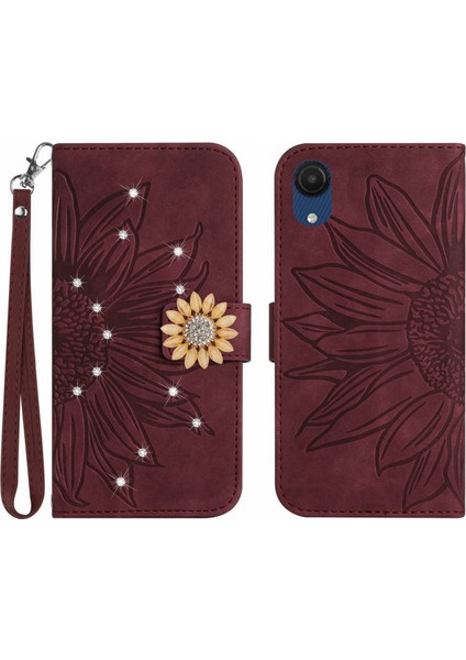 Samsung Galaxy A03 Core Pırlantalı Kabartmalı Ayçiçeği Kısa Askılı Manyetik Kartlıklı Cüzdan Telefon Kılıfı (Yurt Dışından)
