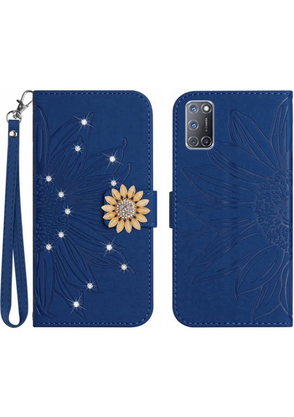 Oppo A92/A72/A52 Pırlantalı Kabartmalı Ayçiçeği Kısa Askılı Manyetik Kartlıklı Cüzdan Telefon Kılıfı (Yurt Dışından)