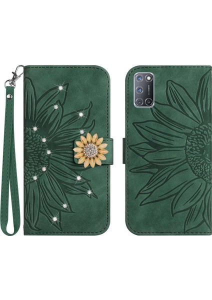 Oppo A92/A72/A52 Pırlantalı Kabartmalı Ayçiçeği Kısa Askılı Manyetik Kartlıklı Cüzdan Telefon Kılıfı (Yurt Dışından)