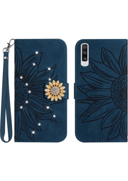 Samsung Galaxy A50/A50S/A30S Pırlantalı Kabartmalı Ayçiçeği Kısa Askılı Manyetik Kartlıklı Cüzdan Telefon Kılıfı (Yurt Dışından)