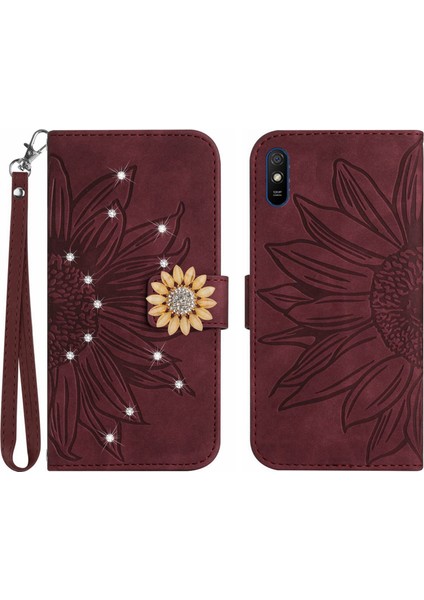 Xiaomi Redmi 9A Pırlantalı Kabartmalı Ayçiçeği Kısa Askılı Manyetik Kartlıklı Cüzdan Telefon Kılıfı (Yurt Dışından)