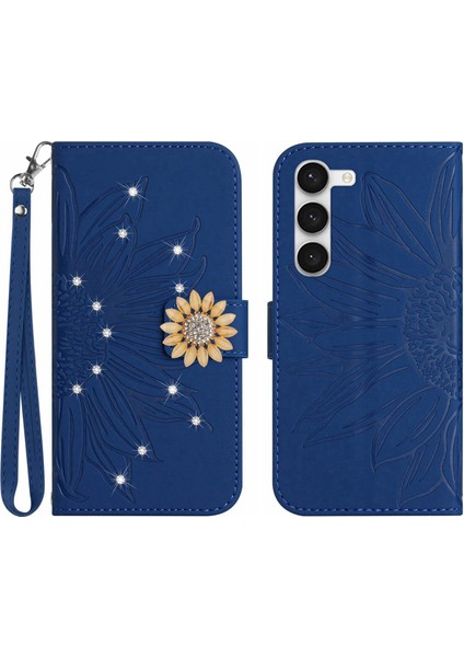Samsung Galaxy S23 Plus Pırlantalı Kabartmalı Ayçiçeği Kısa Askılı Manyetik Kartlıklı Cüzdan Telefon Kılıfı (Yurt Dışından)
