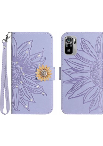 Xiaomi Poco M5S Pırlantalı Kabartmalı Ayçiçeği Kısa Askılı Manyetik Kartlıklı Cüzdan Telefon Kılıfı (Yurt Dışından)