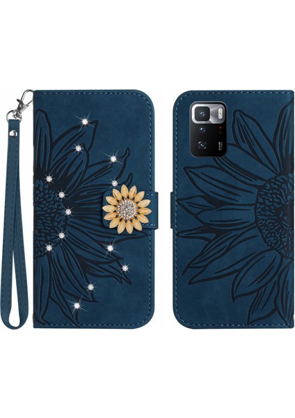 Xiaomi Poco X3 Gt Pırlantalı Kabartmalı Ayçiçeği Kısa Askılı Manyetik Kartlıklı Cüzdan Telefon Kılıfı (Yurt Dışından)