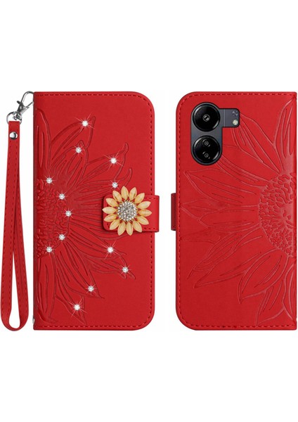 Xiaomi Redmi 13C 4g Pırlantalı Kabartmalı Ayçiçeği Kısa Askılı Manyetik Kartlıklı Cüzdan Telefon Kılıfı (Yurt Dışından)
