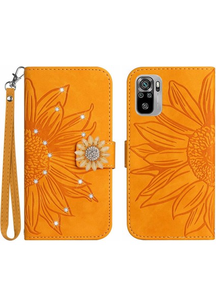 Xiaomi Poco M5S Pırlantalı Kabartmalı Ayçiçeği Kısa Askılı Manyetik Kartlıklı Cüzdan Telefon Kılıfı (Yurt Dışından)