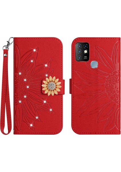 Infinix Hot 10 Pırlantalı Kabartmalı Ayçiçeği Kısa Askılı Manyetik Kartlıklı Cüzdan Telefon Kılıfı (Yurt Dışından)
