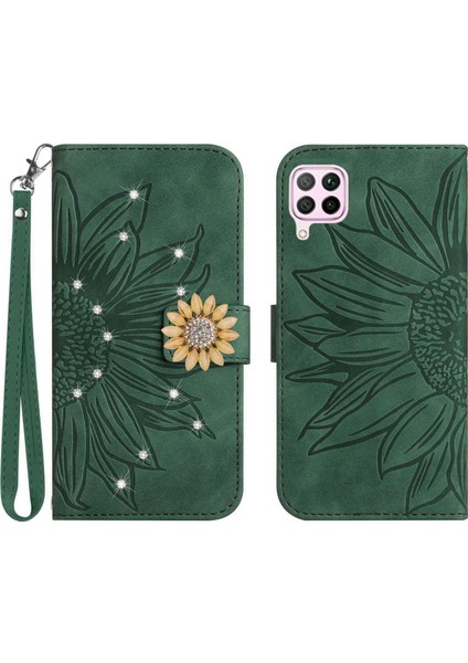 Huawei P40 Lite Pırlantalı Kabartmalı Ayçiçeği Kısa Askılı Manyetik Kartlıklı Cüzdan Telefon Kılıfı (Yurt Dışından)