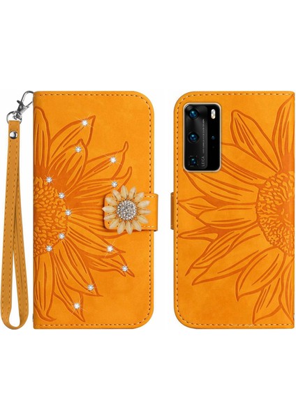 Huawei P40 Pro Pırlantalı Kabartmalı Ayçiçeği Kısa Askılı Manyetik Kartlıklı Cüzdan Telefon Kılıfı (Yurt Dışından)