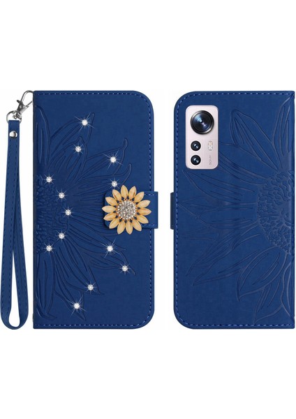 Xiaomi 12 Lite Pırlantalı Kabartmalı Ayçiçeği Kısa Askılı Manyetik Kartlıklı Cüzdan Telefon Kılıfı (Yurt Dışından)