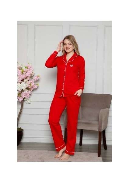 Kadın Beyaz Biyeli Gömlek Yaka Önden Düğmeli Cepli Uzun Kol Mevsimlik Pamuk Likra Pijama Takım fiyatları