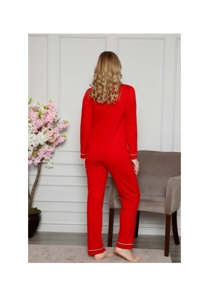 Kadın Beyaz Biyeli Gömlek Yaka Önden Düğmeli Cepli Uzun Kol Mevsimlik Pamuk Likra Pijama Takım modelleri