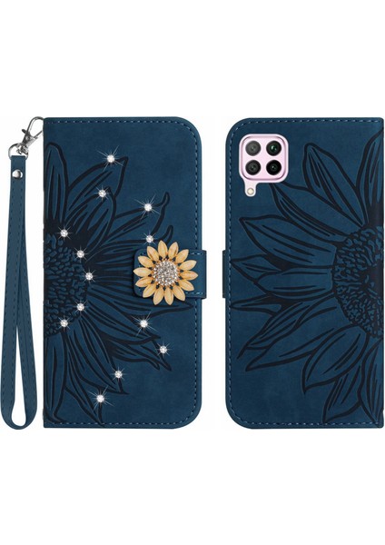 Huawei P40 Lite Pırlantalı Kabartmalı Ayçiçeği Kısa Askılı Manyetik Kartlıklı Cüzdan Telefon Kılıfı (Yurt Dışından)