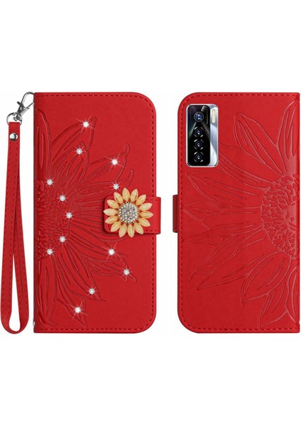Tecno Camon 17 Pro Pırlantalı Kabartmalı Ayçiçeği Kısa Askılı Manyetik Kartlıklı Cüzdan Telefon Kılıfı (Yurt Dışından)