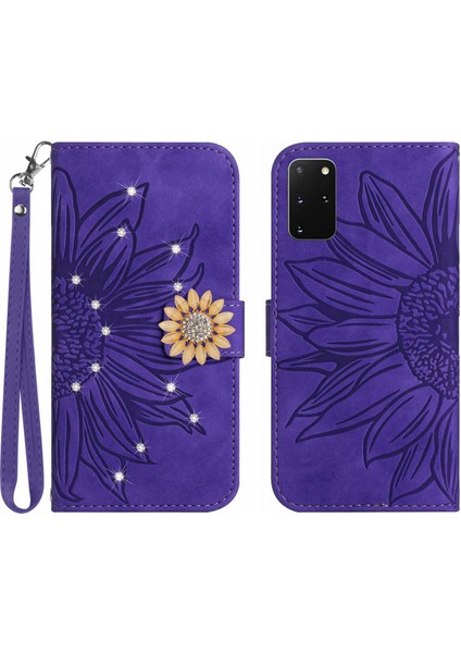 Samsung Galaxy S20 Plus Pırlantalı Kabartmalı Ayçiçeği Kısa Askılı Manyetik Kartlıklı Cüzdan Telefon Kılıfı (Yurt Dışından)