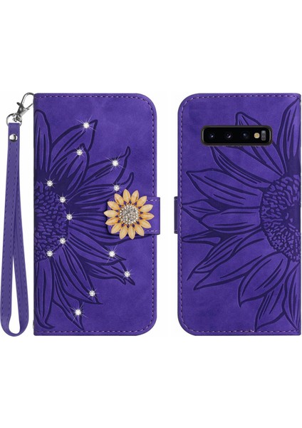 Samsung Galaxy S10 Pırlantalı Kabartmalı Ayçiçeği Kısa Askılı Manyetik Kartlıklı Cüzdan Telefon Kılıfı (Yurt Dışından)