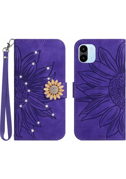 Xiaomi Redmi A1 Pırlantalı Kabartmalı Ayçiçeği Kısa Askılı Manyetik Kartlıklı Cüzdan Telefon Kılıfı (Yurt Dışından)