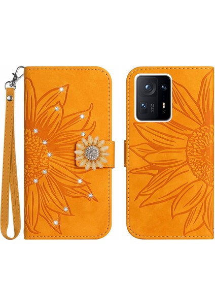 Xiaomi Mix 4 Pırlantalı Kabartmalı Ayçiçeği Kısa Askılı Manyetik Kartlıklı Cüzdan Telefon Kılıfı (Yurt Dışından)