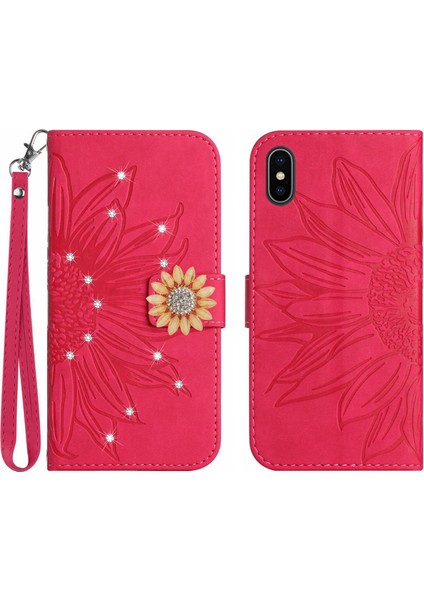 iPhone X/xs Pırlantalı Kabartmalı Ayçiçeği Kısa Askılı Manyetik Kartlıklı Cüzdan Telefon Kılıfı (Yurt Dışından)