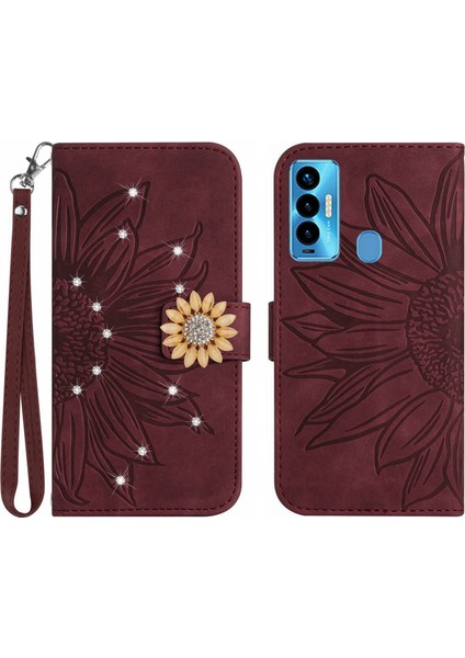 Tecno Camon 18I Pırlantalı Kabartmalı Ayçiçeği Kısa Askılı Manyetik Kartlıklı Cüzdan Telefon Kılıfı (Yurt Dışından)