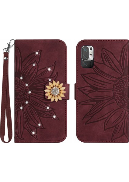 Xiaomi Poco M3 Pro Pırlantalı Kabartmalı Ayçiçeği Kısa Askılı Manyetik Kartlıklı Cüzdan Telefon Kılıfı (Yurt Dışından)