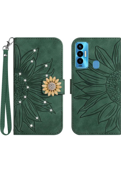 Tecno Camon 18I Pırlantalı Kabartmalı Ayçiçeği Kısa Askılı Manyetik Kartlıklı Cüzdan Telefon Kılıfı (Yurt Dışından)