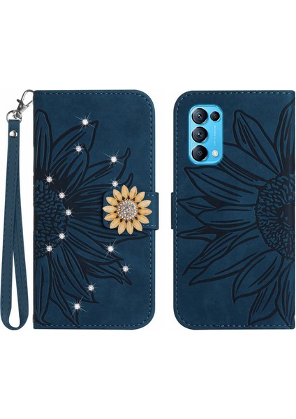 Oppo Reno 5 Pırlantalı Kabartmalı Ayçiçeği Kısa Askılı Manyetik Kartlıklı Cüzdan Telefon Kılıfı (Yurt Dışından)