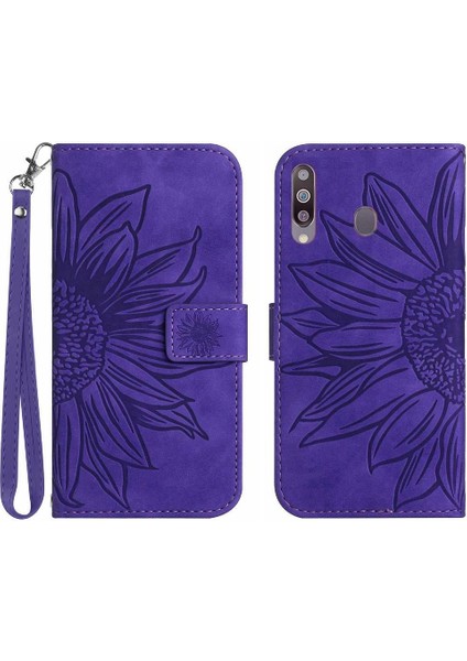 Kart Yuvaları Tutucu Kabartmalı Ayçiçeği Pu ile Samsung Galaxy A20S Için Kılıf (Yurt Dışından)