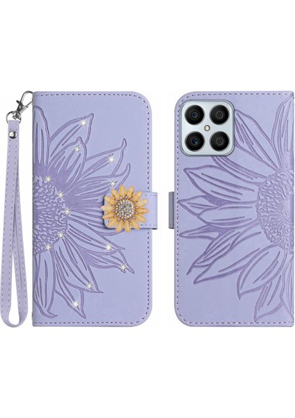 Honor X8 4g Pırlantalı Kabartmalı Ayçiçeği Kısa Askılı Manyetik Kartlıklı Cüzdan Telefon Kılıfı (Yurt Dışından)