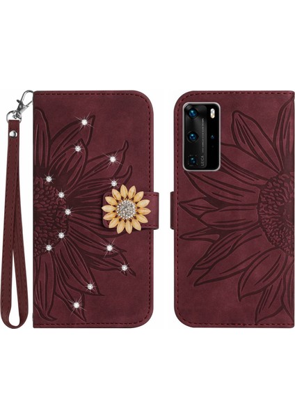 Huawei P40 Pro Pırlantalı Kabartmalı Ayçiçeği Kısa Askılı Manyetik Kartlıklı Cüzdan Telefon Kılıfı (Yurt Dışından)