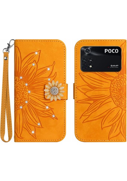Xiaomi Poco M4 Pro 4g Pırlantalı Kabartmalı Ayçiçeği Kısa Askılı Manyetik Kartlıklı Cüzdan Telefon Kılıfı (Yurt Dışından)