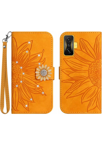 Xiaomi Poco F4 Gt Pırlantalı Kabartmalı Ayçiçeği Kısa Askılı Manyetik Kartlıklı Cüzdan Telefon Kılıfı (Yurt Dışından)