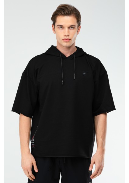 Siyah Oversize Düz Pamuklu Kısa Kol Kapüşonlu Erkek Sweatshirt - XC2319