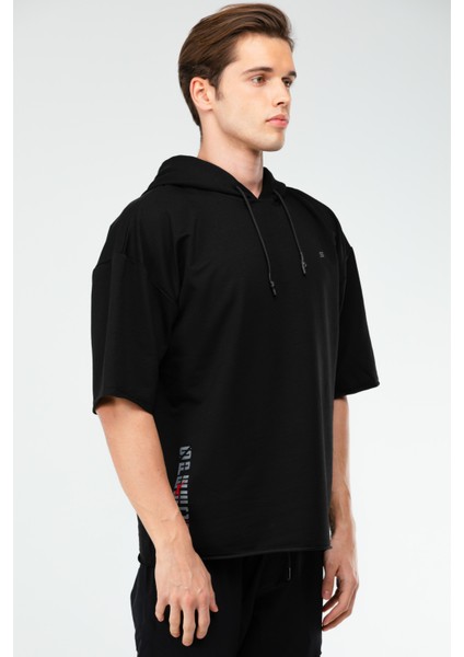 Siyah Oversize Düz Pamuklu Kısa Kol Kapüşonlu Erkek Sweatshirt - XC2319 modelleri