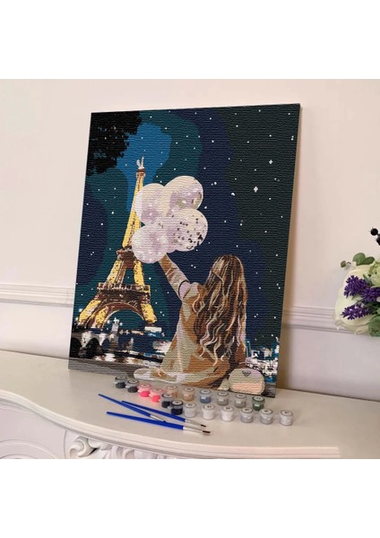 Sayılarla Boyama Seti 40 x 50 cm Tuval Şasesine Gerili Romantik Eyfel