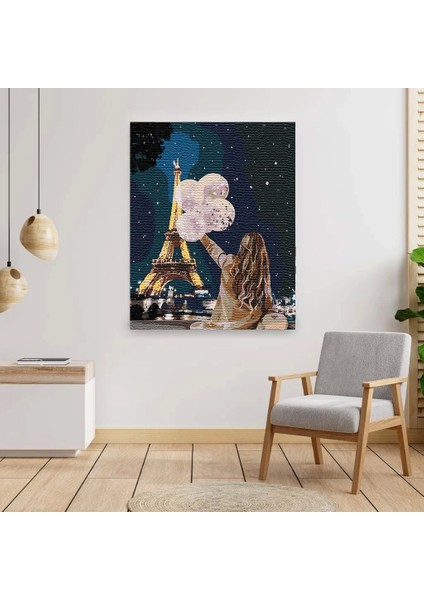 Sayılarla Boyama Seti 40 x 50 cm Tuval Şasesine Gerili Romantik Eyfel