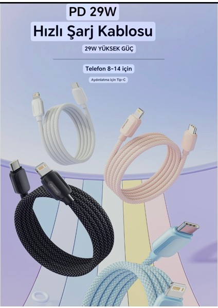 CE/FC/ROHS Lisanslı 29W PD Type-C To iphone Lightning Süper Hızlı Şarj ve Data Kablosu Örgülü Sağlam