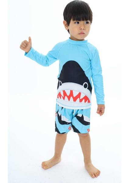 Erkek Çocuk Çizgi Karakter Sevimli Jaws Köpekbalığımavi Tonlu Renk T-Shirt Şort Mayo Seti Üst Dalgıç Alt Paraşüt