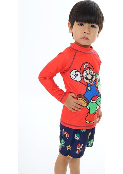 Erkek Çocuk Çizgi Karakter Super Mario Kırmızı Renk T-Shirt Şort Mayo Seti Üst Dalgıç Alt Paraşüt